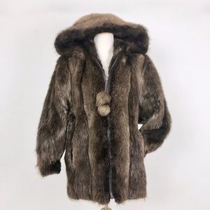 Beaver Fur Coat Jacket Dolman Sleeve Hood - M/L